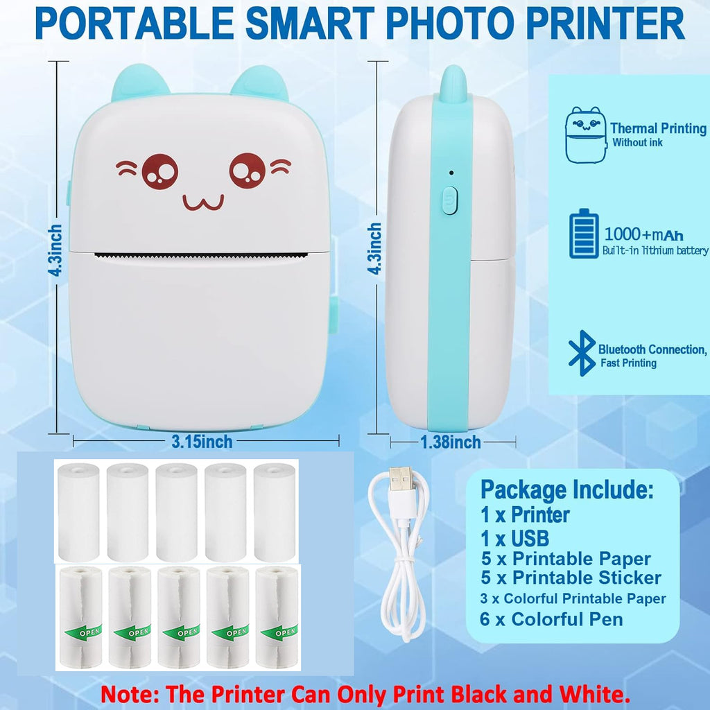 Printkin mini sticker printer in mint with USB cable and paper roll