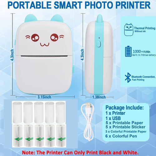 Printkin mini sticker printer in mint with USB cable and paper roll